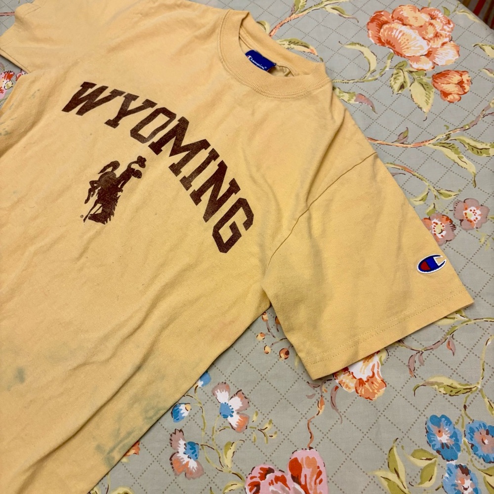 Wyoming Cowboys Logo Vintage Champion Tee w/ Embroidered C Sleeve Logo 🤠 Small